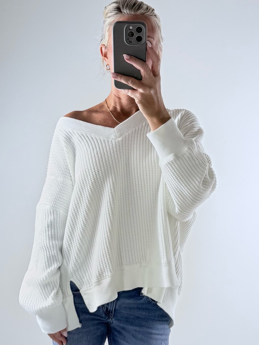 American Eagle Outfitters Off-the-Shoulder Waffle Knit Sweater - White